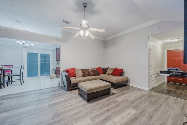 6508 Running Creek Dr, Arlington, TX 76001 - living area featuring wood finished floors, a chandelier, crown molding, and ceiling fan