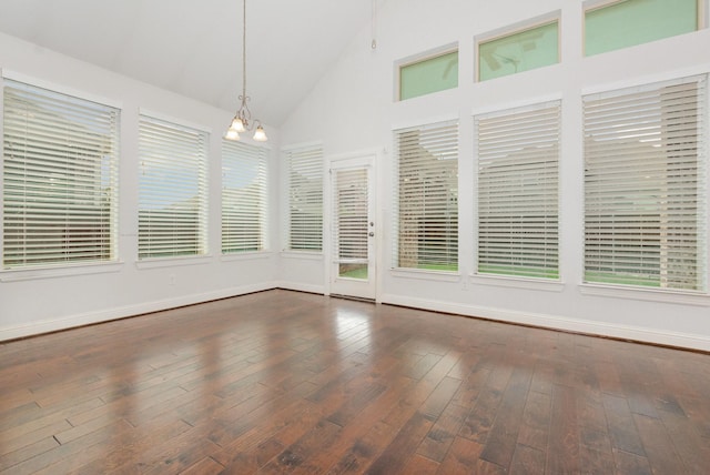 937 Nathanael Greene Ct, Aubrey, TX 76227 - unfurnished sunroom with high vaulted ceiling, hardwood / wood-style flooring, and a chandelier