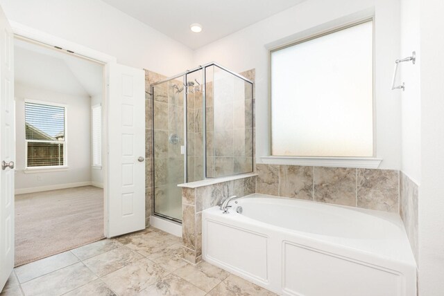 937 Nathanael Greene Ct, Aubrey, TX 76227 - bathroom with a shower stall, a garden tub, and recessed lighting