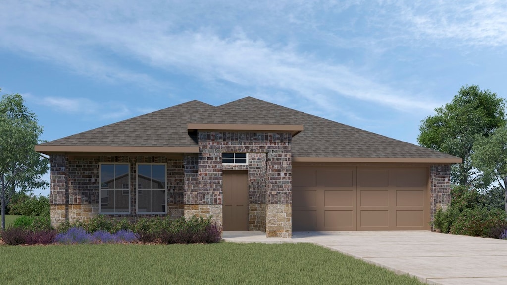 120 Shetland St, Waxahachie, TX 75165 - view of front of house with concrete driveway, a garage, a shingled roof, and stone siding