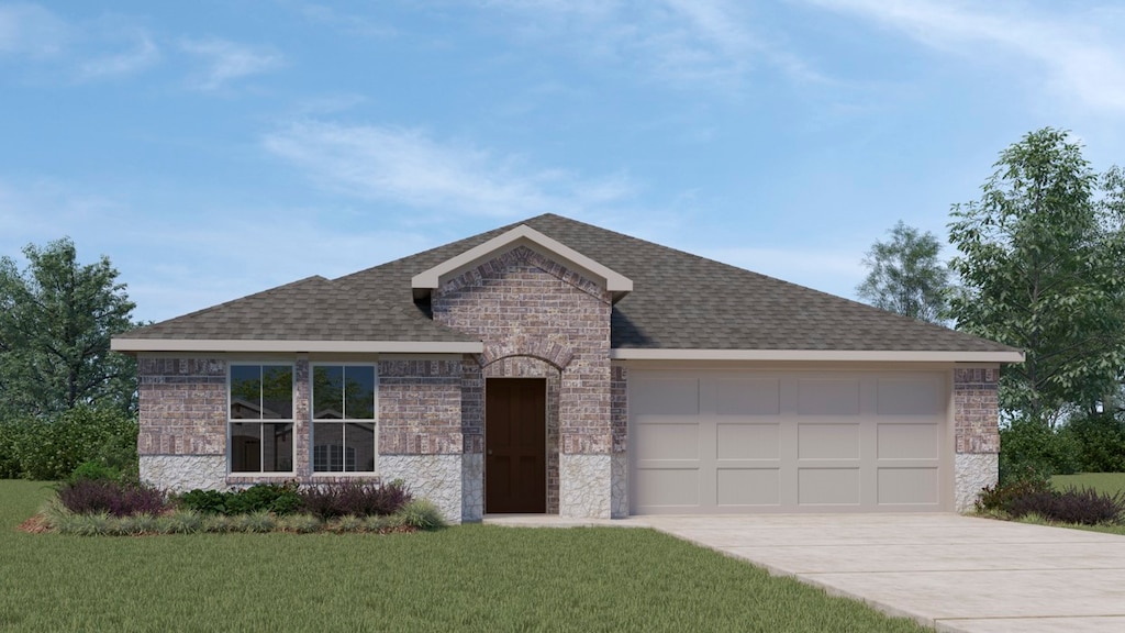 120 Shetland St, Waxahachie, TX 75165 - view of front facade featuring concrete driveway, stone siding, a garage, a shingled roof, and a front lawn