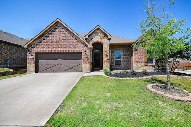 233 Cross Fox Ln, Aledo, TX 76008 - view of front facade with stone siding, brick siding, a garage, a front yard, and concrete driveway