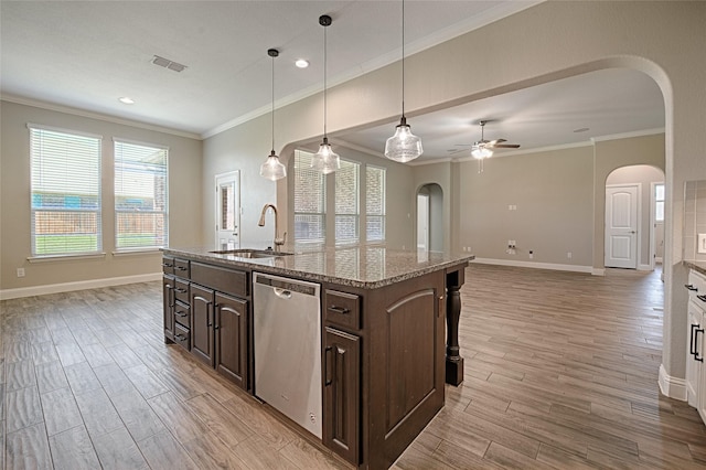 233 Cross Fox Ln, Aledo, TX 76008 - kitchen with stainless steel dishwasher, arched walkways, crown molding, light wood-style floors, and ceiling fan
