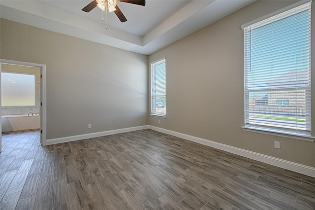 233 Cross Fox Ln, Aledo, TX 76008 - empty room with a ceiling fan, wood finished floors, plenty of natural light, and a tray ceiling