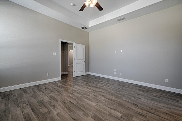 233 Cross Fox Ln, Aledo, TX 76008 - unfurnished room with ceiling fan, dark wood-type flooring, a towering ceiling, a smoke detector, and a tray ceiling