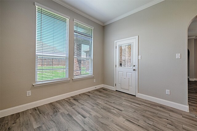 233 Cross Fox Ln, Aledo, TX 76008 - spare room featuring arched walkways, crown molding, healthy amount of natural light, and wood finished floors
