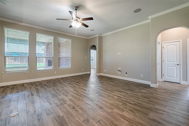 233 Cross Fox Ln, Aledo, TX 76008 - unfurnished room featuring arched walkways, a ceiling fan, wood finished floors, healthy amount of natural light, and ornamental molding
