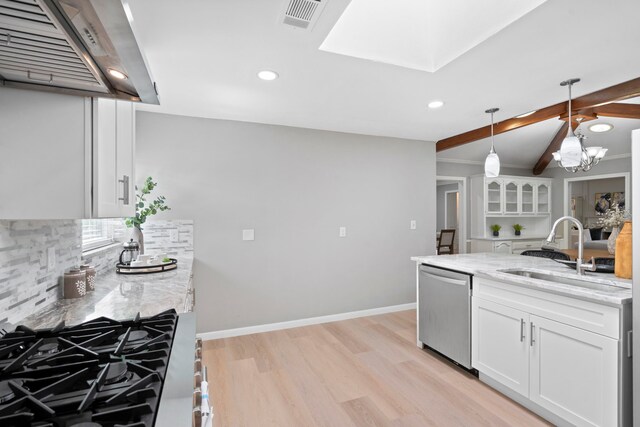 6104 Bluff Point Dr, Dallas, TX 75248 - kitchen featuring dishwasher, ventilation hood, white cabinetry, tasteful backsplash, and light wood-type flooring