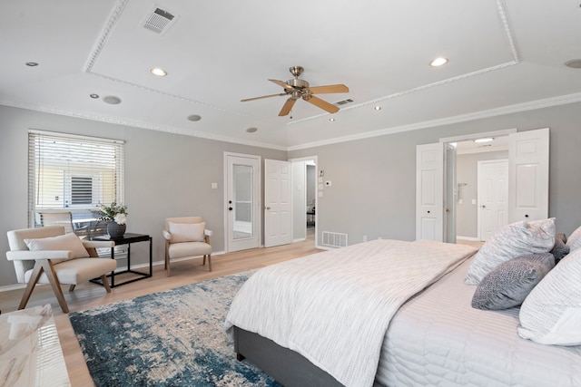 6104 Bluff Point Dr, Dallas, TX 75248 - bedroom featuring a tray ceiling, light wood finished floors, crown molding, recessed lighting, and attic access
