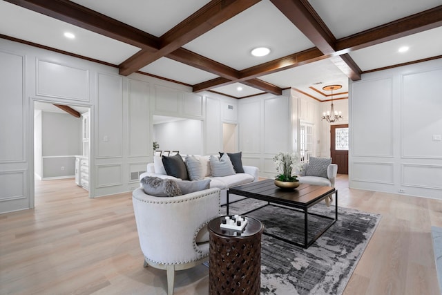 6104 Bluff Point Dr, Dallas, TX 75248 - living area featuring a decorative wall, a chandelier, beam ceiling, light wood finished floors, and coffered ceiling