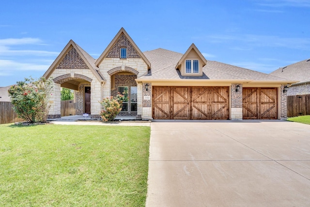 350 Windsor St, Waxahachie, TX 75165 - french country inspired facade with a garage, brick siding, concrete driveway, a shingled roof, and stone siding