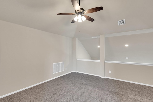 350 Windsor St, Waxahachie, TX 75165 - spare room with ceiling fan, vaulted ceiling, dark carpet, and recessed lighting