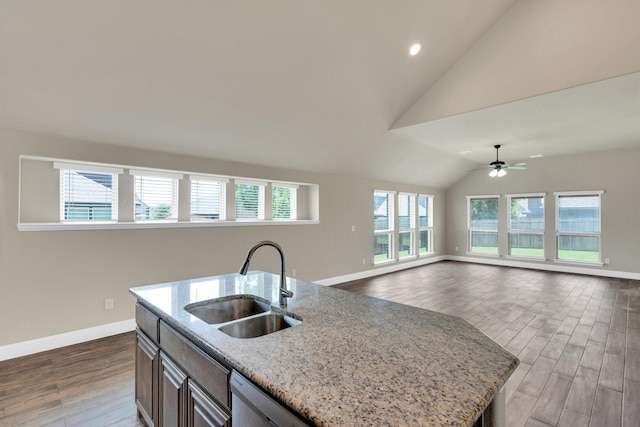 350 Windsor St, Waxahachie, TX 75165 - kitchen featuring lofted ceiling, plenty of natural light, wood finished floors, and recessed lighting
