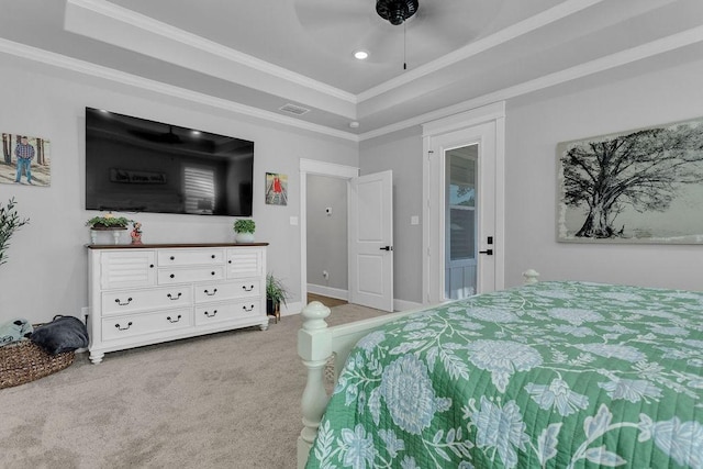 14423 Woodland Crk, Tyler, TX 75706 - carpeted bedroom featuring a tray ceiling, ornamental molding, access to outside, a ceiling fan, and recessed lighting