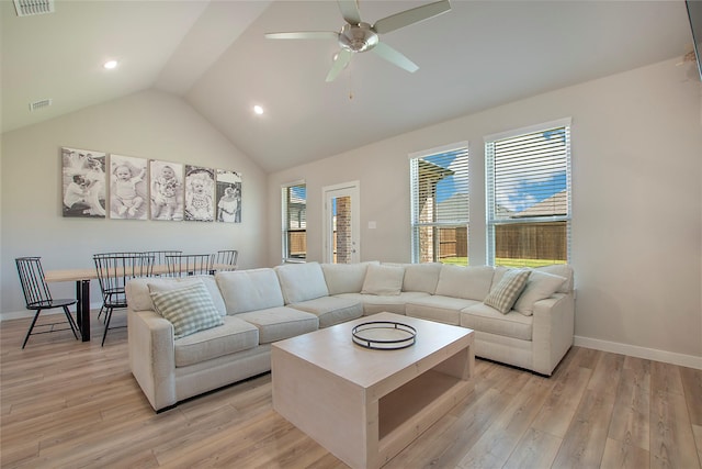 367 Oak Creek Dr, Lavon, TX 75166 - living room with ceiling fan, lofted ceiling, light wood-style flooring, and recessed lighting