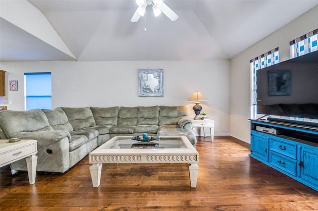 113 Cayman Dr, Lancaster, TX 75146 - living area featuring vaulted ceiling, ceiling fan, and wood finished floors