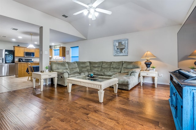 113 Cayman Dr, Lancaster, TX 75146 - living area featuring lofted ceiling, a ceiling fan, and hardwood / wood-style flooring