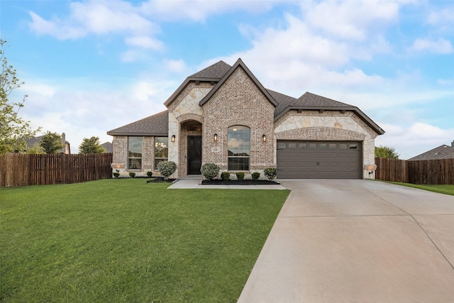 629 Dean Box Dr, Waxahachie, TX 75165 - french country style house featuring stone siding, concrete driveway, an attached garage, brick siding, and roof with shingles