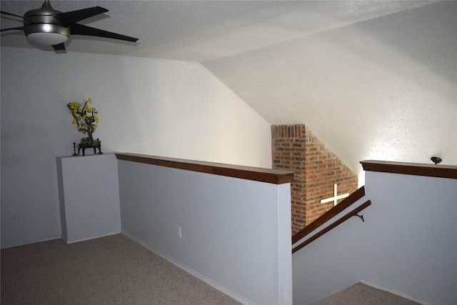 803 Ashmount Ln, Arlington, TX 76017 - staircase with ceiling fan, vaulted ceiling, and carpet floors