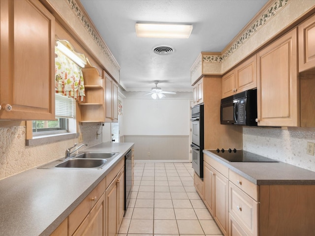 1704 Charlottesville Dr, Ennis, TX 75119 - kitchen with black appliances, tasteful backsplash, a ceiling fan, light tile patterned floors, and light brown cabinetry