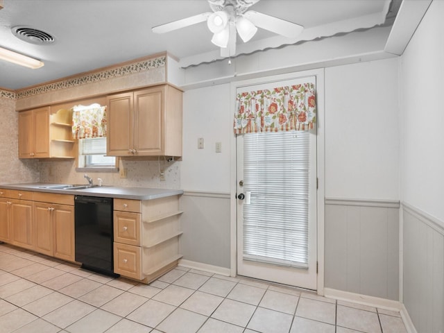 1704 Charlottesville Dr, Ennis, TX 75119 - kitchen featuring open shelves, black dishwasher, light brown cabinetry, a ceiling fan, and light tile patterned flooring