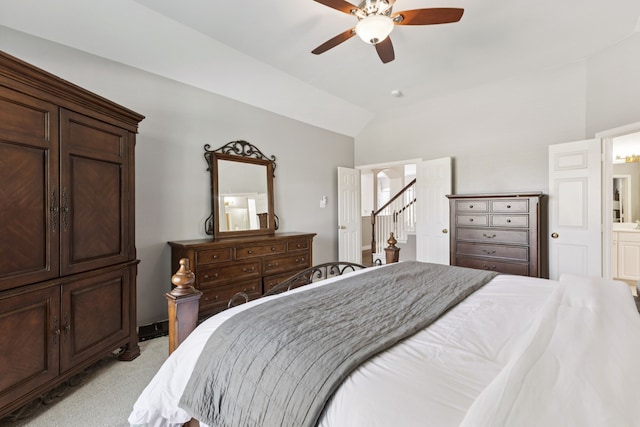 1467 Bent Tree, Frisco, TX 75036 - bedroom with vaulted ceiling, light carpet, ceiling fan, and ensuite bathroom