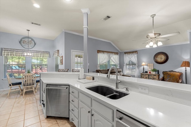 152 Guadalupe Dr, Gun Barrel City, TX 75156 - kitchen featuring lofted ceiling, dishwasher, a ceiling fan, light countertops, and light tile patterned floors