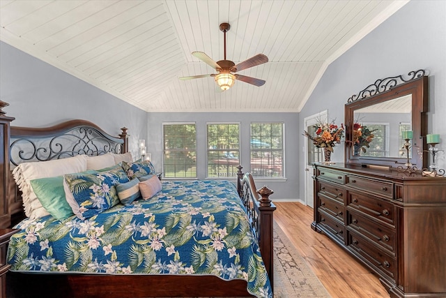 152 Guadalupe Dr, Gun Barrel City, TX 75156 - bedroom with vaulted ceiling, wood ceiling, crown molding, light wood-style flooring, and ceiling fan