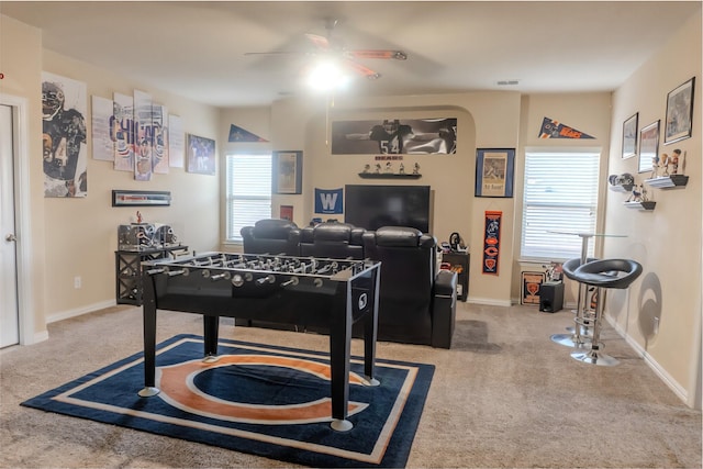 3812 Gennaker Dr, Denton, TX 76210 - recreation room featuring carpet floors, a ceiling fan, and healthy amount of natural light