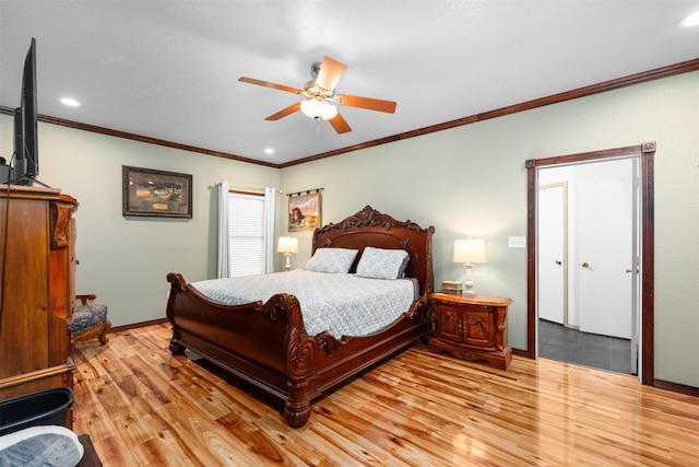 4925 Terrace Trl, Fort Worth, TX 76114 - bedroom featuring crown molding, light wood-type flooring, recessed lighting, and a ceiling fan