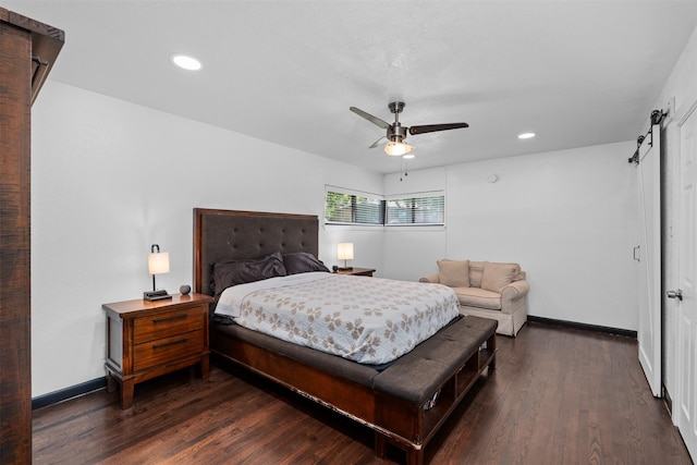 4925 Terrace Trl, Fort Worth, TX 76114 - bedroom featuring a barn door, dark wood finished floors, recessed lighting, and ceiling fan