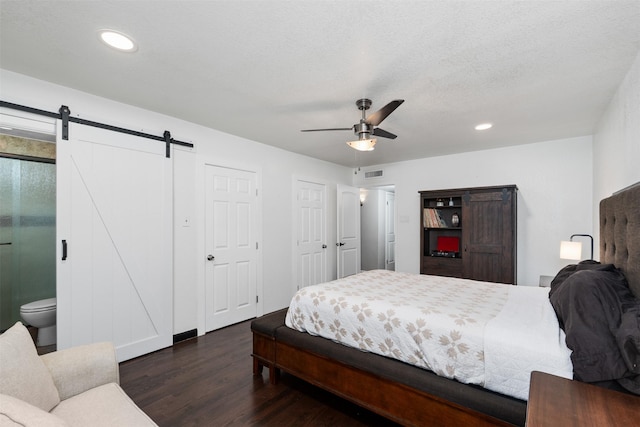 4925 Terrace Trl, Fort Worth, TX 76114 - bedroom with wood finished floors, a barn door, recessed lighting, and ceiling fan