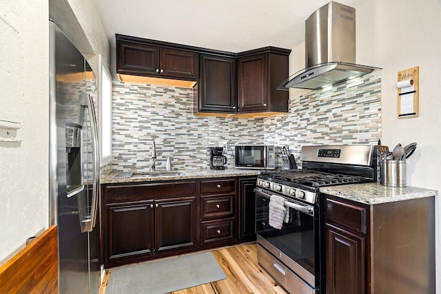 1725 Engle Ave, Dallas, TX 75224 - kitchen with stainless steel appliances, island range hood, light wood finished floors, tasteful backsplash, and dark brown cabinets