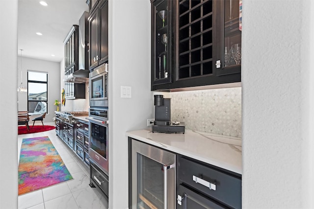 1833 Rolling Heights Ln, Fort Worth, TX 76008 - kitchen with wine cooler, appliances with stainless steel finishes, light countertops, glass insert cabinets, and recessed lighting