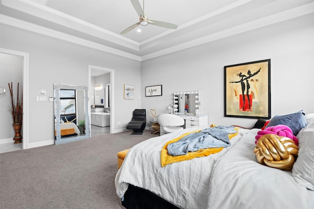 1833 Rolling Heights Ln, Fort Worth, TX 76008 - carpeted bedroom with crown molding, connected bathroom, a ceiling fan, and recessed lighting