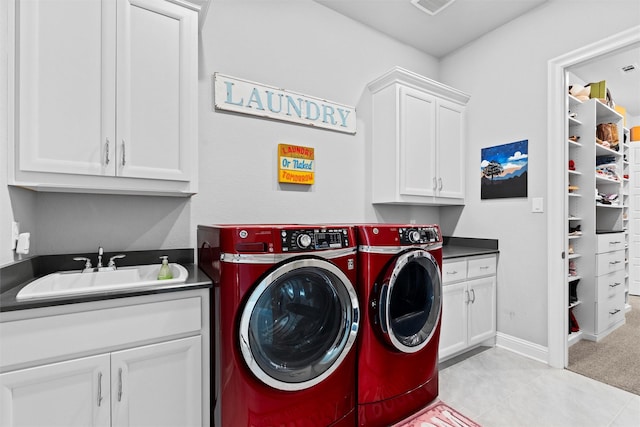 1833 Rolling Heights Ln, Fort Worth, TX 76008 - laundry area with cabinet space, washing machine and dryer, light tile patterned flooring, and light carpet