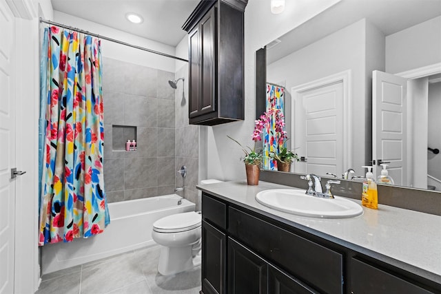 1833 Rolling Heights Ln, Fort Worth, TX 76008 - bathroom with tile patterned floors, vanity, shower / bathtub combination with curtain, and recessed lighting