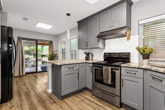 14902 Le Grande Dr, Addison, TX 75001 - kitchen featuring electric range, gray cabinetry, ventilation hood, and a peninsula