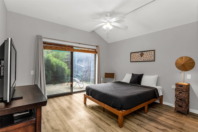 14902 Le Grande Dr, Addison, TX 75001 - bedroom featuring access to outside, lofted ceiling, light wood-style floors, and a ceiling fan