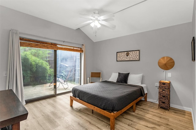 14902 Le Grande Dr, Addison, TX 75001 - bedroom featuring access to outside, light wood-style flooring, lofted ceiling, and ceiling fan