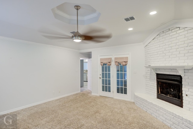 163 Sistrunk Ln, Bossier City, LA 71112 - unfurnished living room featuring a fireplace, ceiling fan, carpet floors, crown molding, and recessed lighting