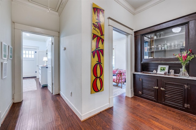 5818 Worth St, Dallas, TX 75214 - corridor with crown molding, attic access, and dark wood-type flooring