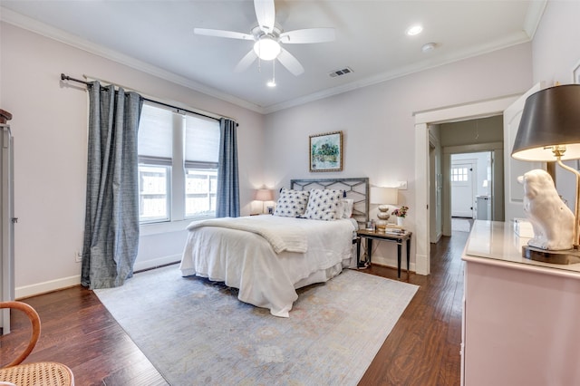 5818 Worth St, Dallas, TX 75214 - bedroom with multiple windows, dark wood-style flooring, crown molding, and a ceiling fan