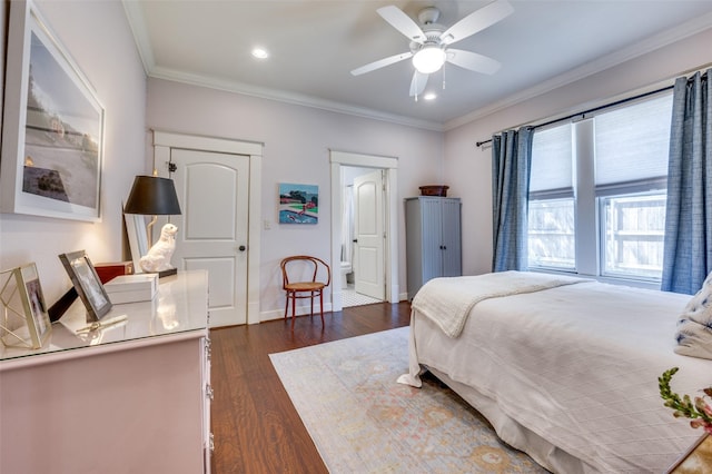 5818 Worth St, Dallas, TX 75214 - bedroom featuring crown molding, dark wood finished floors, recessed lighting, and a ceiling fan