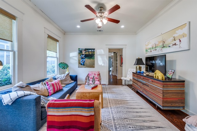 5818 Worth St, Dallas, TX 75214 - living area featuring ornamental molding, wood finished floors, a ceiling fan, and recessed lighting