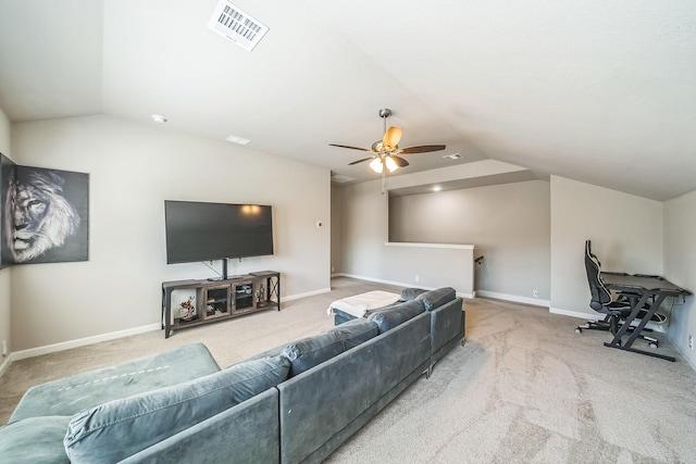 2806 Ocean Dr, Lancaster, TX 75146 - carpeted living room featuring vaulted ceiling and a ceiling fan