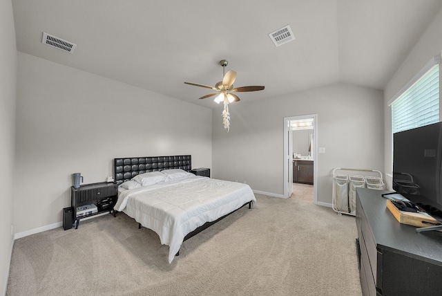 2806 Ocean Dr, Lancaster, TX 75146 - bedroom with light carpet, lofted ceiling, ceiling fan, an office area, and connected bathroom