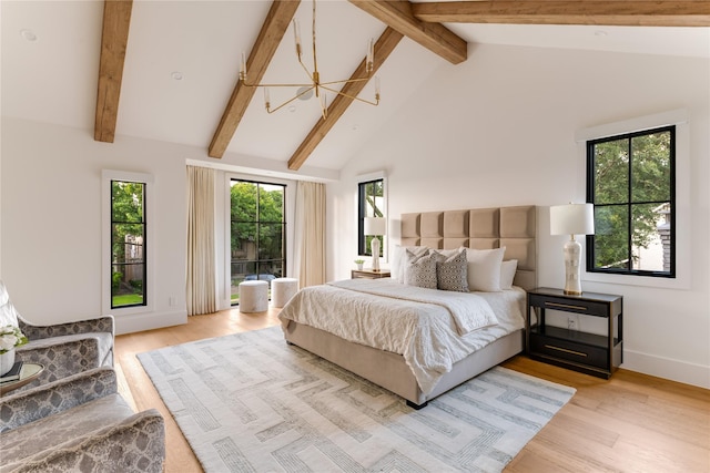 7226 Colgate Ave, Dallas, TX 75225 - bedroom with a chandelier, multiple windows, light wood-style floors, beamed ceiling, and high vaulted ceiling