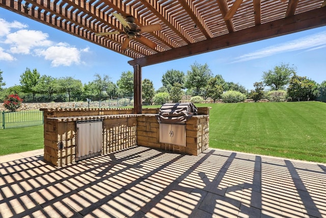 6460 Cherry Hills Dr, Frisco, TX 75036 - view of patio / terrace featuring an outdoor kitchen, a pergola, ceiling fan, and view of scattered trees