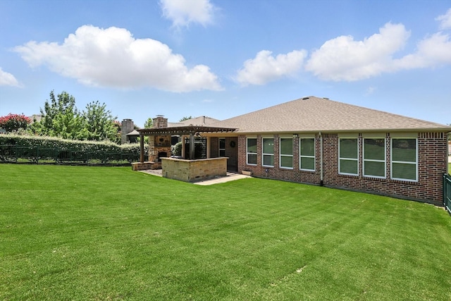 6460 Cherry Hills Dr, Frisco, TX 75036 - rear view of property with brick siding, a chimney, a pergola, a shingled roof, and a patio